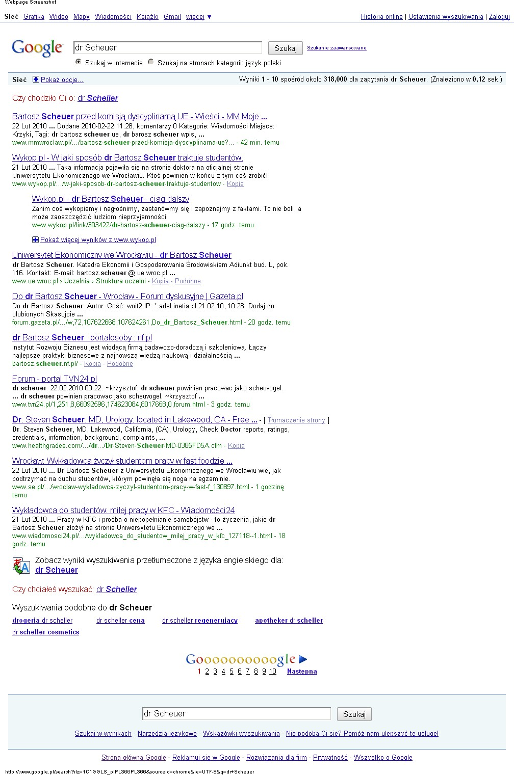 Zrzut ekranu z Google fraza dr Scheuer
