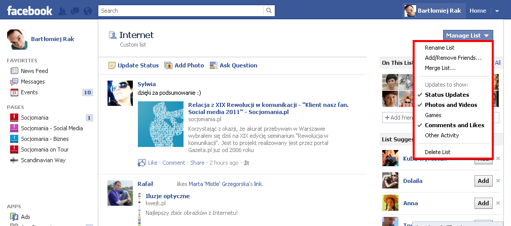 Listy znajomych na Facebooku Listy znajomych na Facebooku